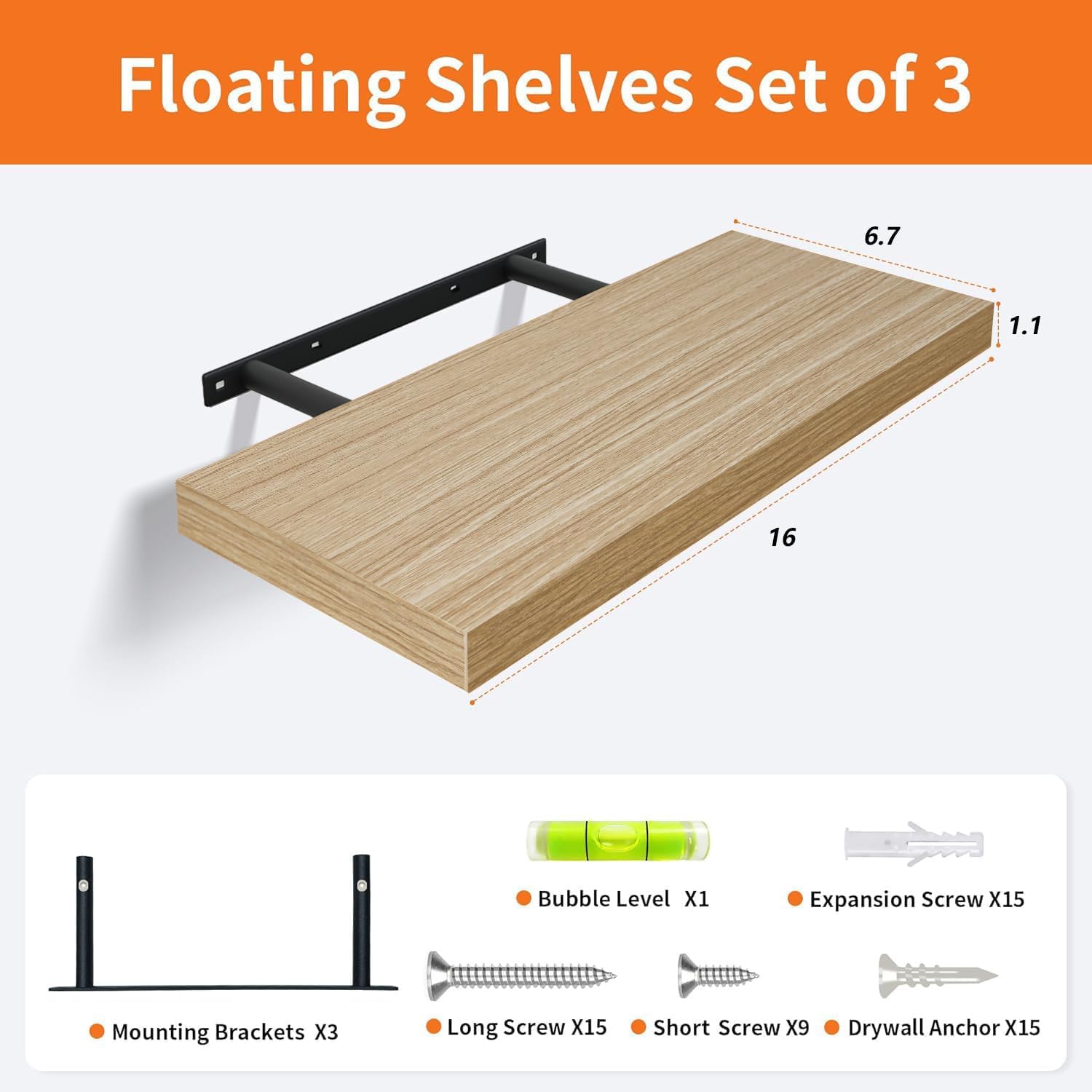 Upassion 16-inch light brown wood shelf front view emphasizes clean lines