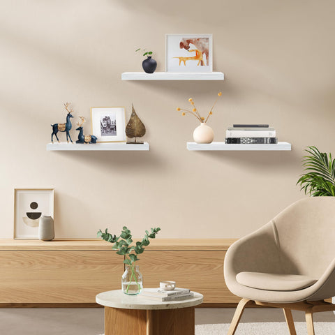 Upassion three white floating shelves installed in living room with books and decor