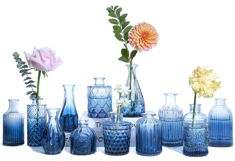 UPBUD Glass Blue Bud Vases show navy blue glass with a textured finish, ideal for elegant centerpieces.