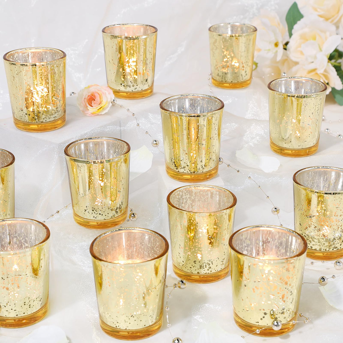 UPBUD gold votive candle holders set of 24 with warm mercury glass glow
