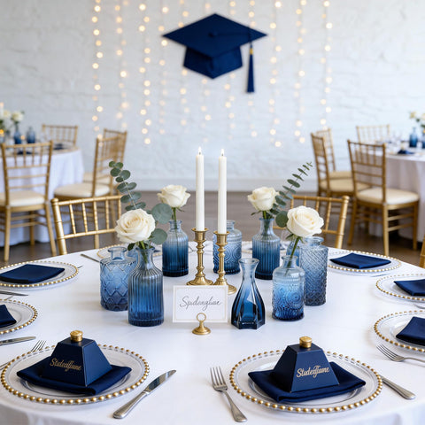 UPBUD navy blue bud vase with textured exterior enhances dramatic table decor.