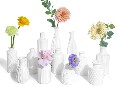 UPBUD White Glass Bud Vases 12-set enhances vintage-inspired centerpieces