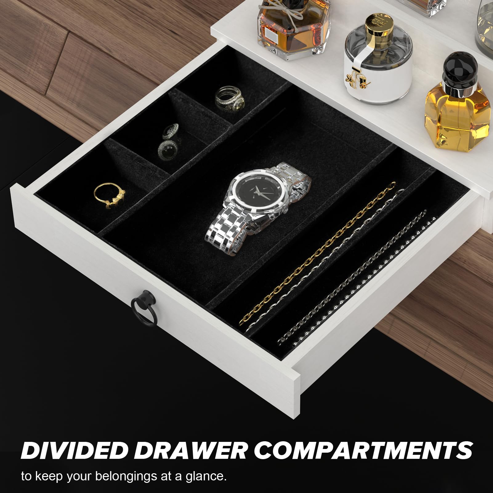 upcessory bottom-drawer stores watches and jewelry at a glance.