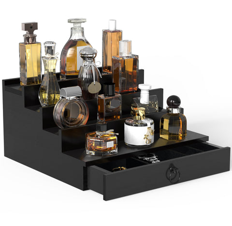 Upcessory 4-tier cologne organizer in black wood for easy fragrance access.