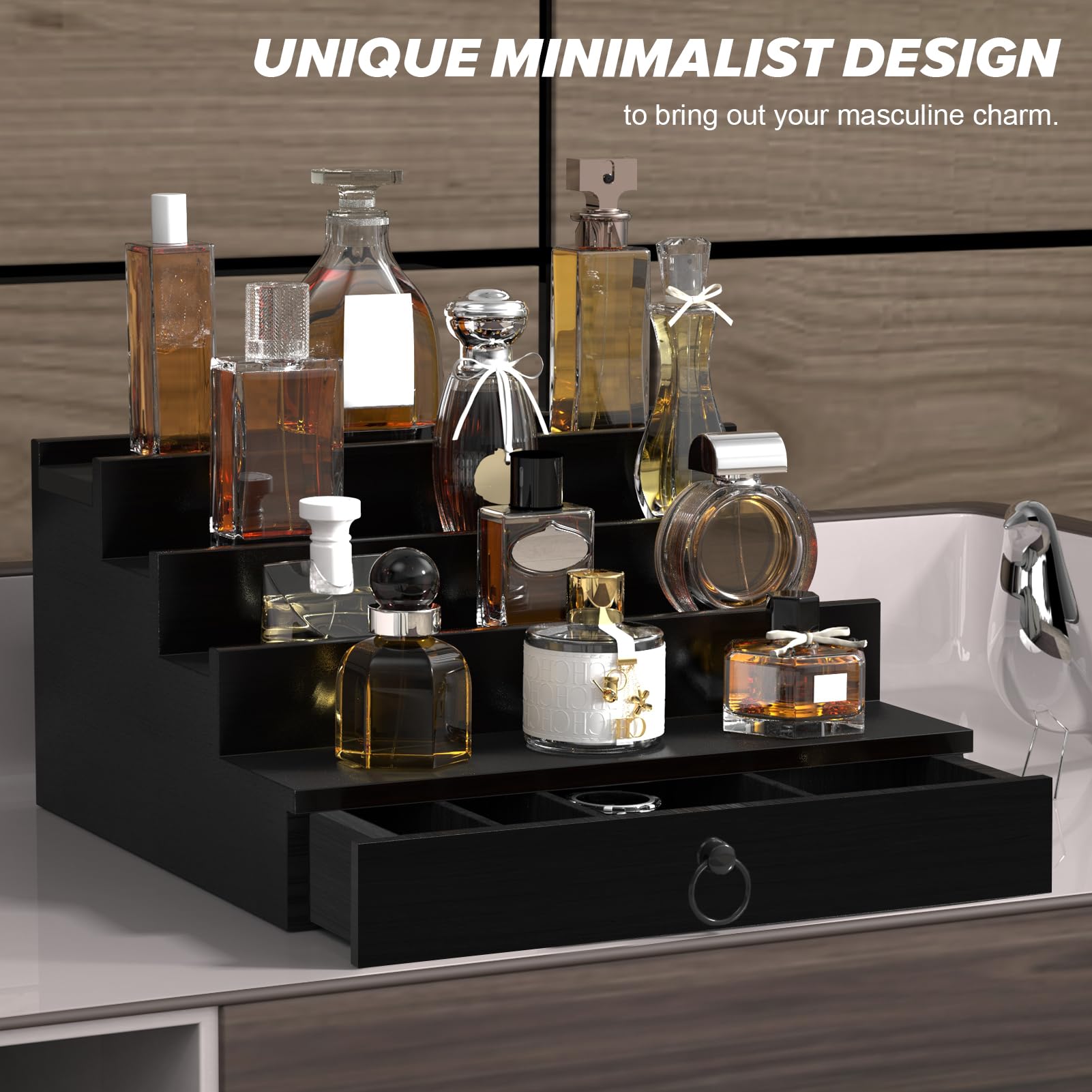 Compact footprint fits small spaces while showcasing multiple bottles.