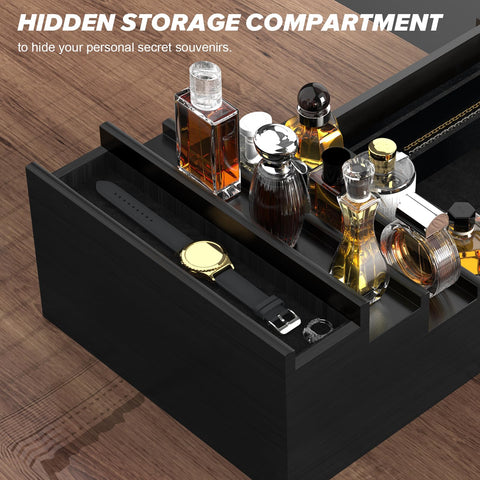 Hidden compartment with magnet lid protects valuables while keeping bottles organized.