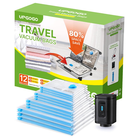 UPGOGO combo 12-pack vacuum bags in luggage for space optimization.