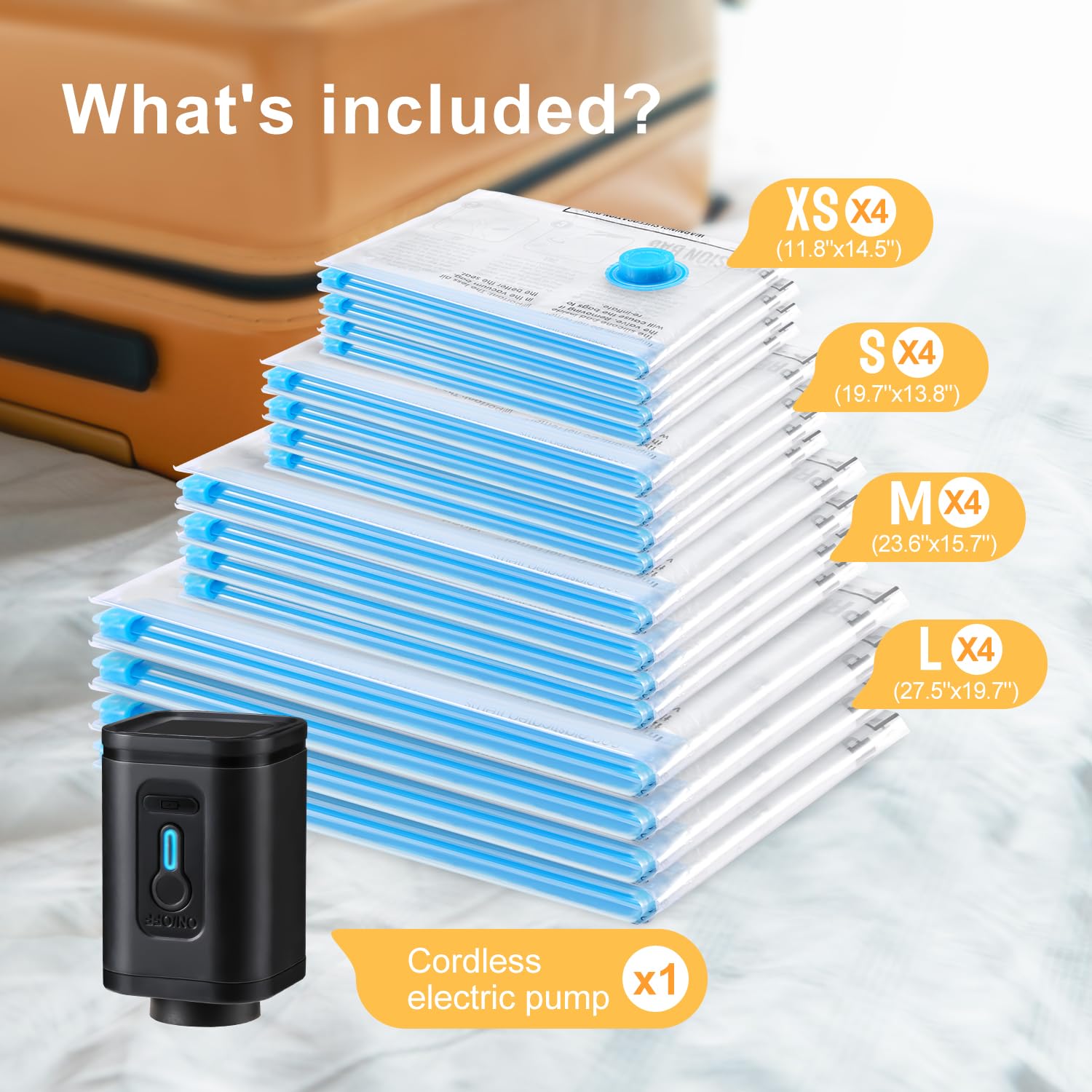 UPGOGO cordless electric pump for quick bag compression while traveling.