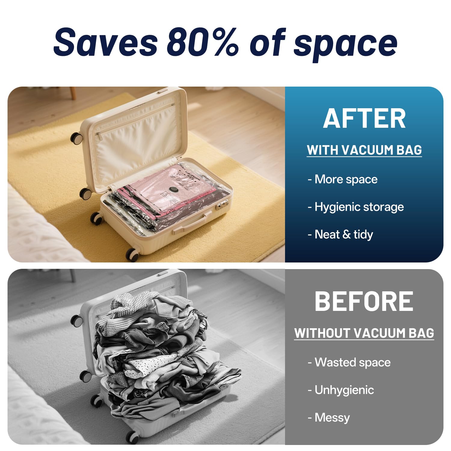UPGOGO space-saving luggage solution demonstrated with packing bags