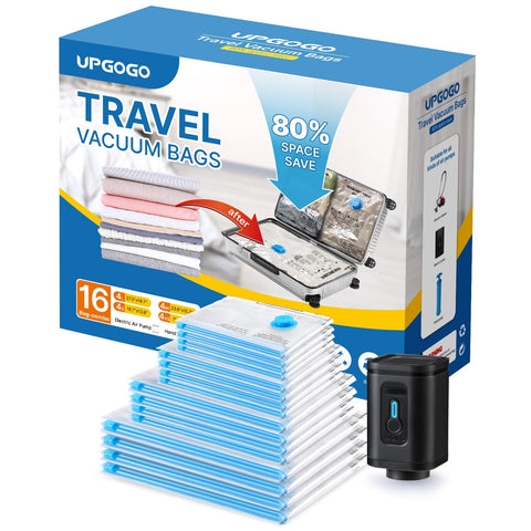 UPGOGO travel vacuum bags 16-pack organize luggage for trips.