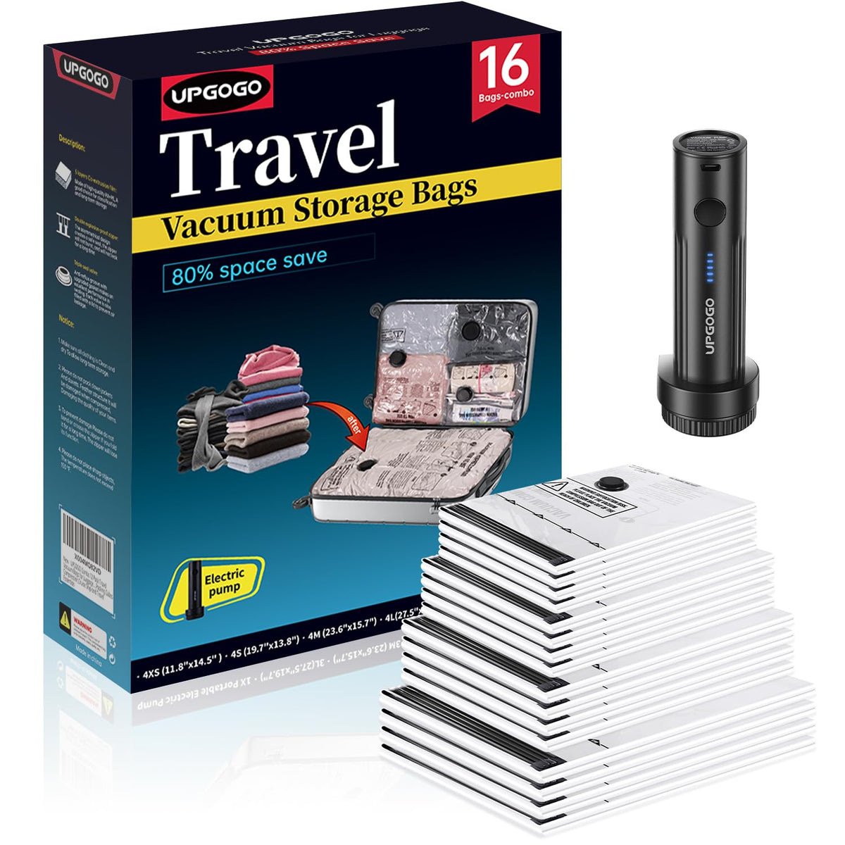 UPGOGO travel vacuum bags combo with pump included for compact packing on trips.