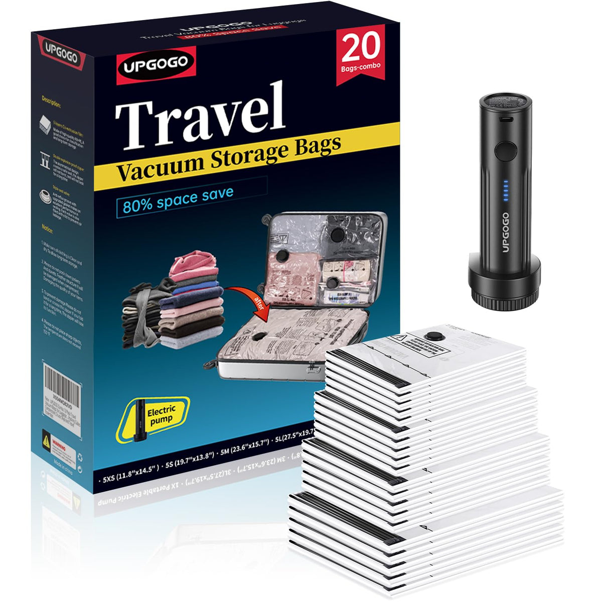 UPGOGO XS vacuum bag for compact packing, ideal for weekend trips.