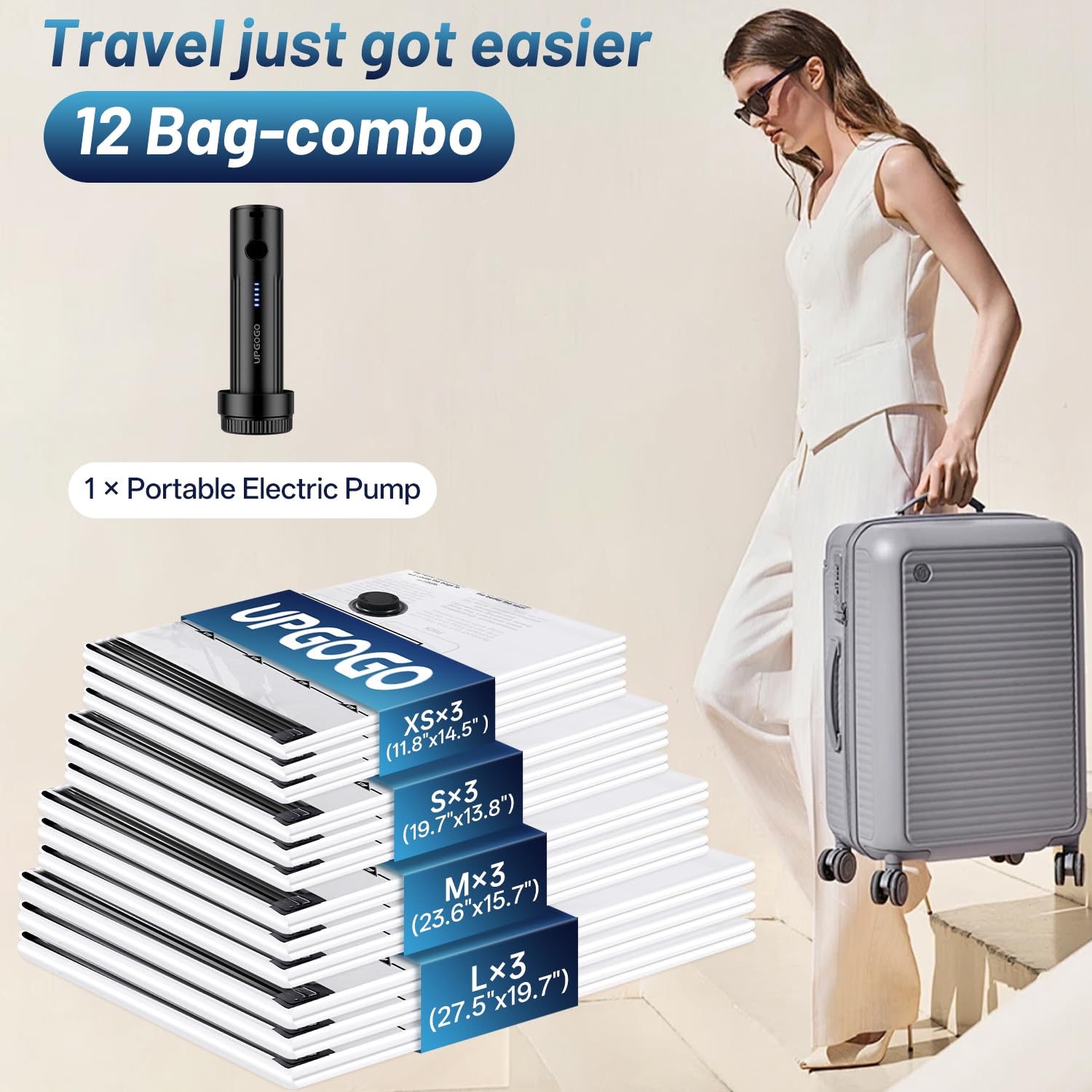UPGOGO vacuum bags in XS, S, M, L sizes for compact packing