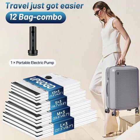 UPGOGO vacuum bags in XS, S, M, L sizes for compact packing