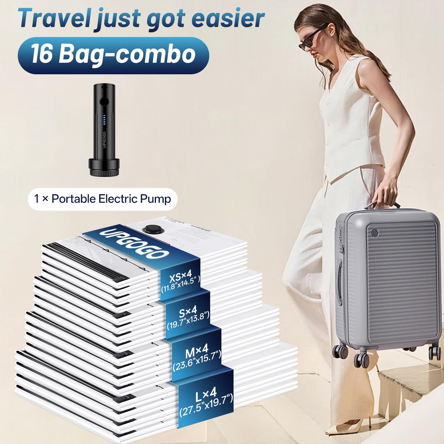 UPGOGO vacuum bags in XS to L sizes help maximize luggage space.