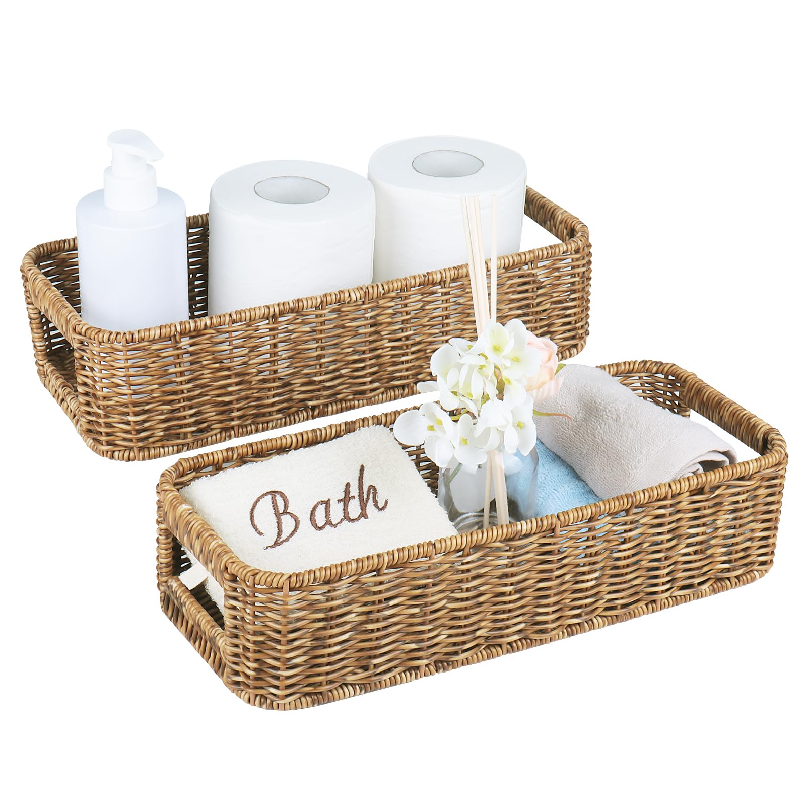 UPINFREE small wicker basket on toilet tank topper for compact storage