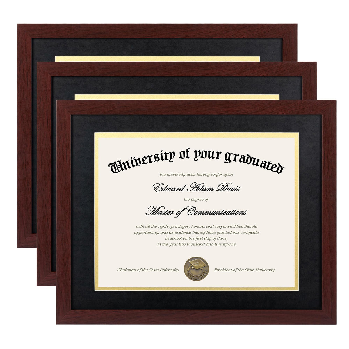 Upsimples 11x14 diploma frame 3-pack front view with mahogany finish.