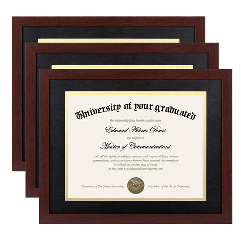 Upsimples 11x14 diploma frame 3-pack front view with mahogany finish.
