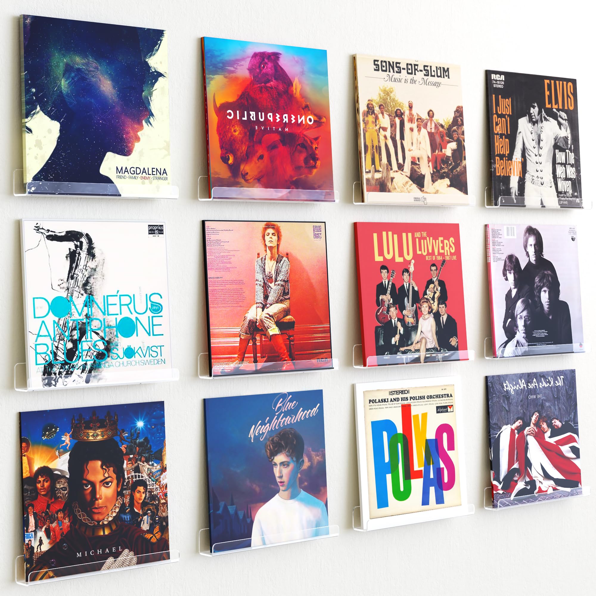 Upsimples 12-pack vinyl wall shelves display records in a floating, unobtrusive way.