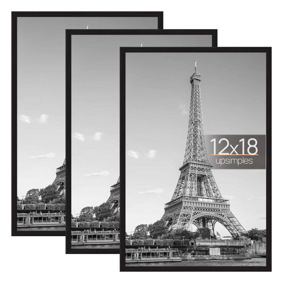 Upsimples 12x18 black picture frame three-pack front view showcases a modern wall gallery