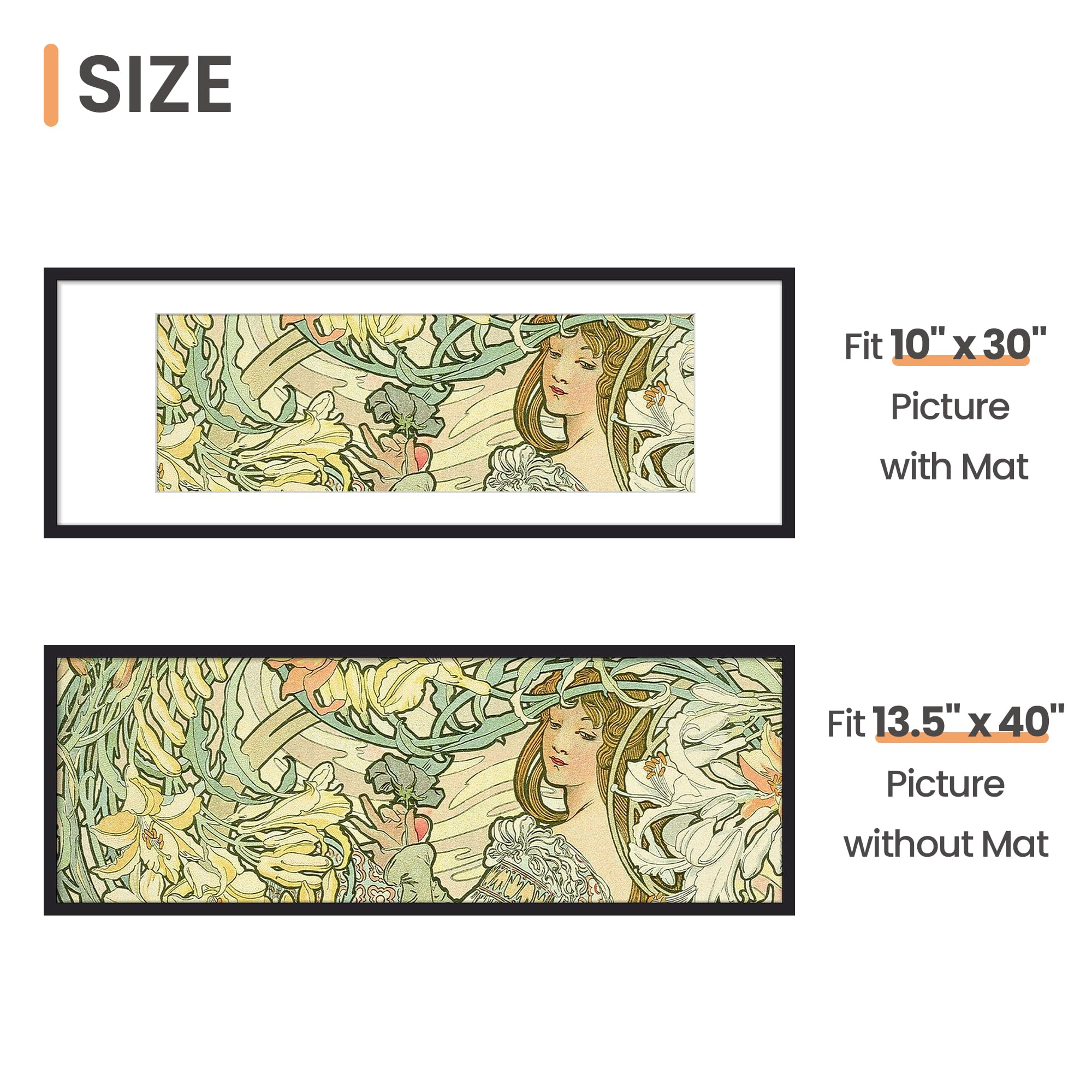 Upsimples 13.5x40 frame with mat option displaying 10x30 posters