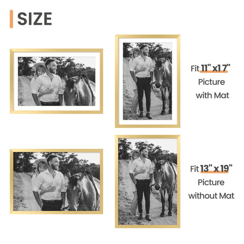 upsimples 13x19 gold frame with mat compatibility - shows 11x17 posters neatly.