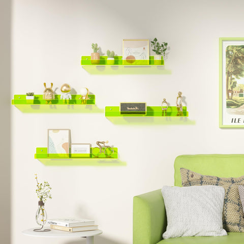 Upsimples 15-inch acrylic wall shelves in bathroom demonstrate sturdy storage for cosmetics.