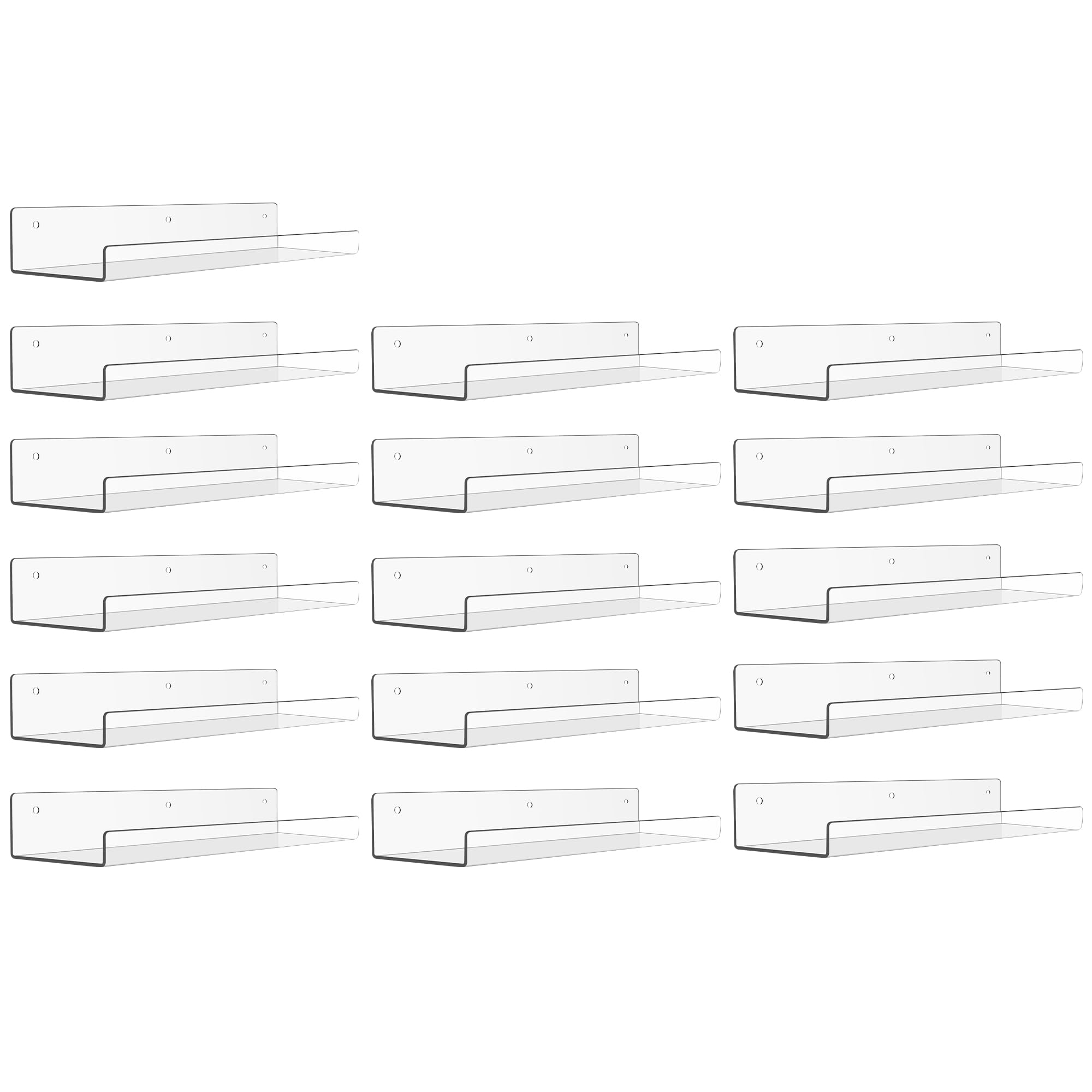 Upsimples 16-pack acrylic shelves mounted on a wall for space-saving storage and display.