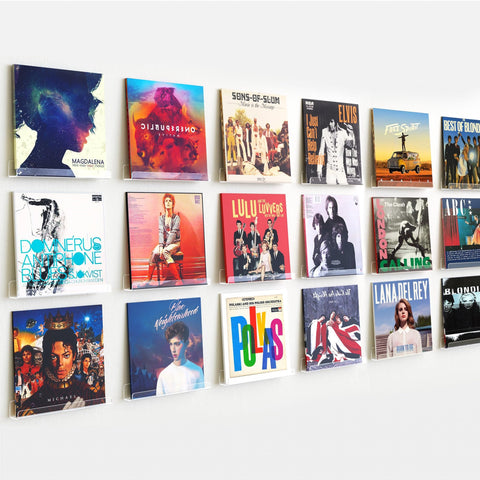 Upsimples vinyl wall mount shelves display records with a floating, distraction-free look.