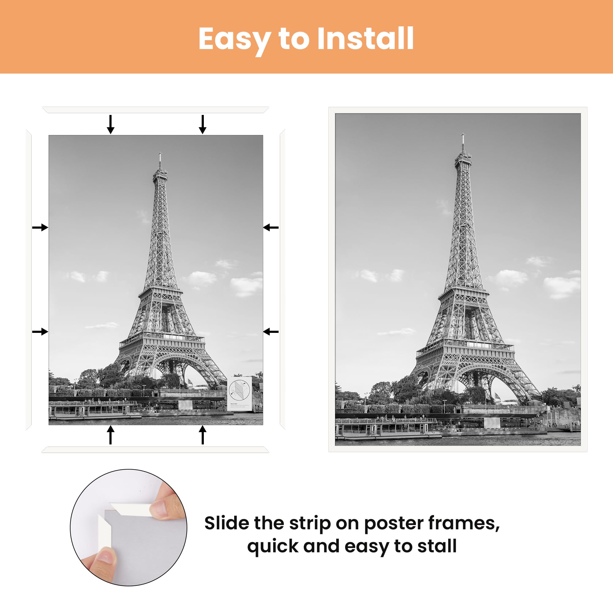 Upsimples 20x30 frame sliding strips demonstrate easy assembly and secure poster holding.