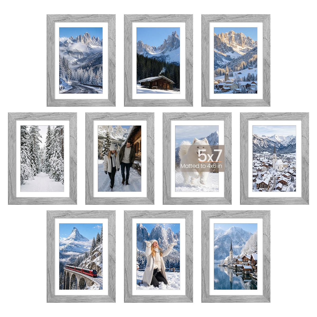 Upsimples 5x7 frame set displayed on wall and tabletop for versatile memories.