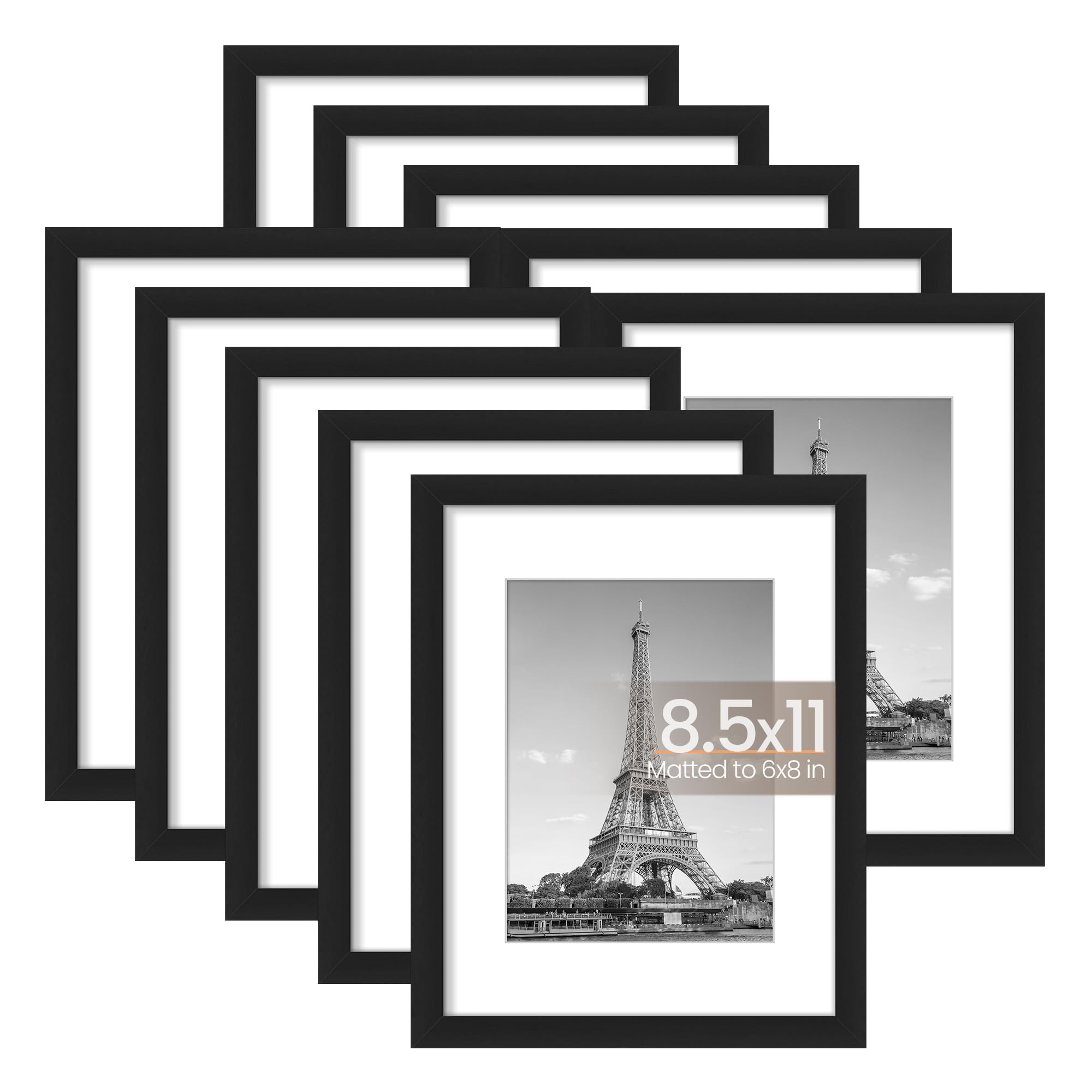 upsimples 8.5x11 frame set of 10 in black for wall or table display.