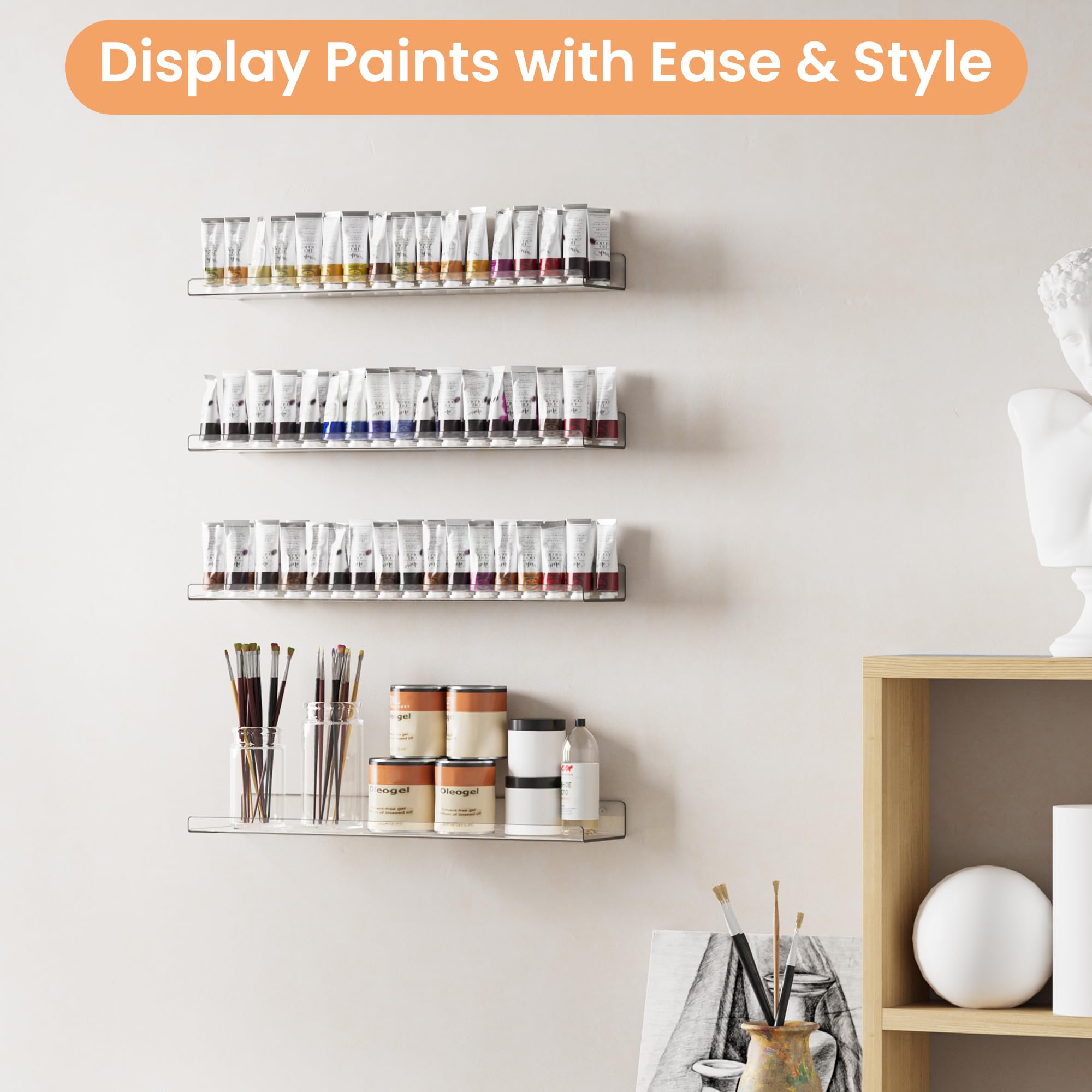 Upsimples acrylic shelves for kitchen display, keeping essentials at hand.