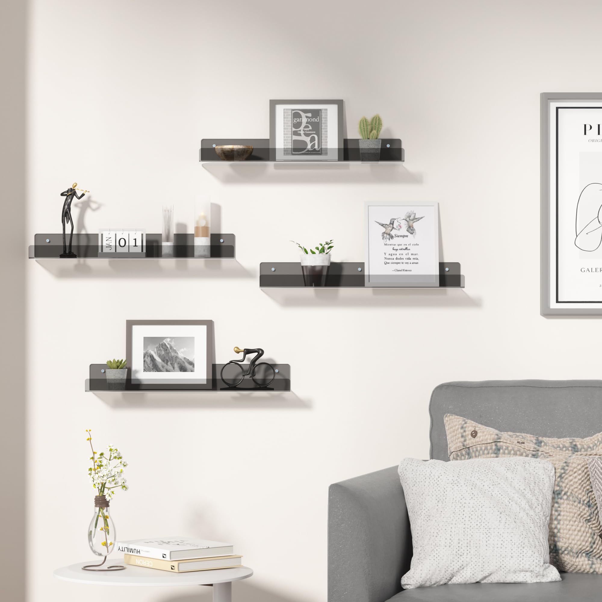 Upsimples 15x4 inch floating shelves highlight items with modern, transparent design.
