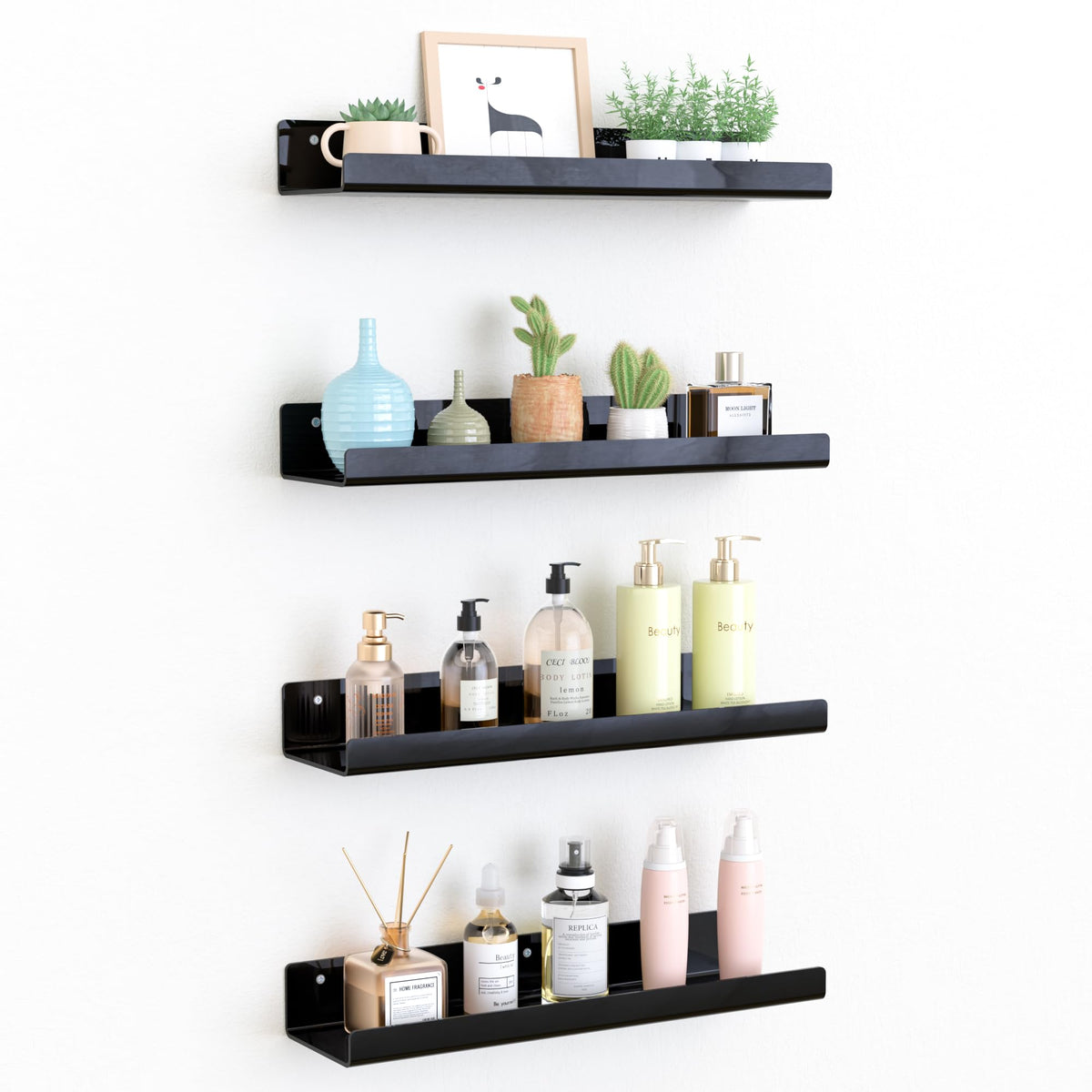 upsimples acrylic wall shelves in black, 15x4, four-pack for space-saving display