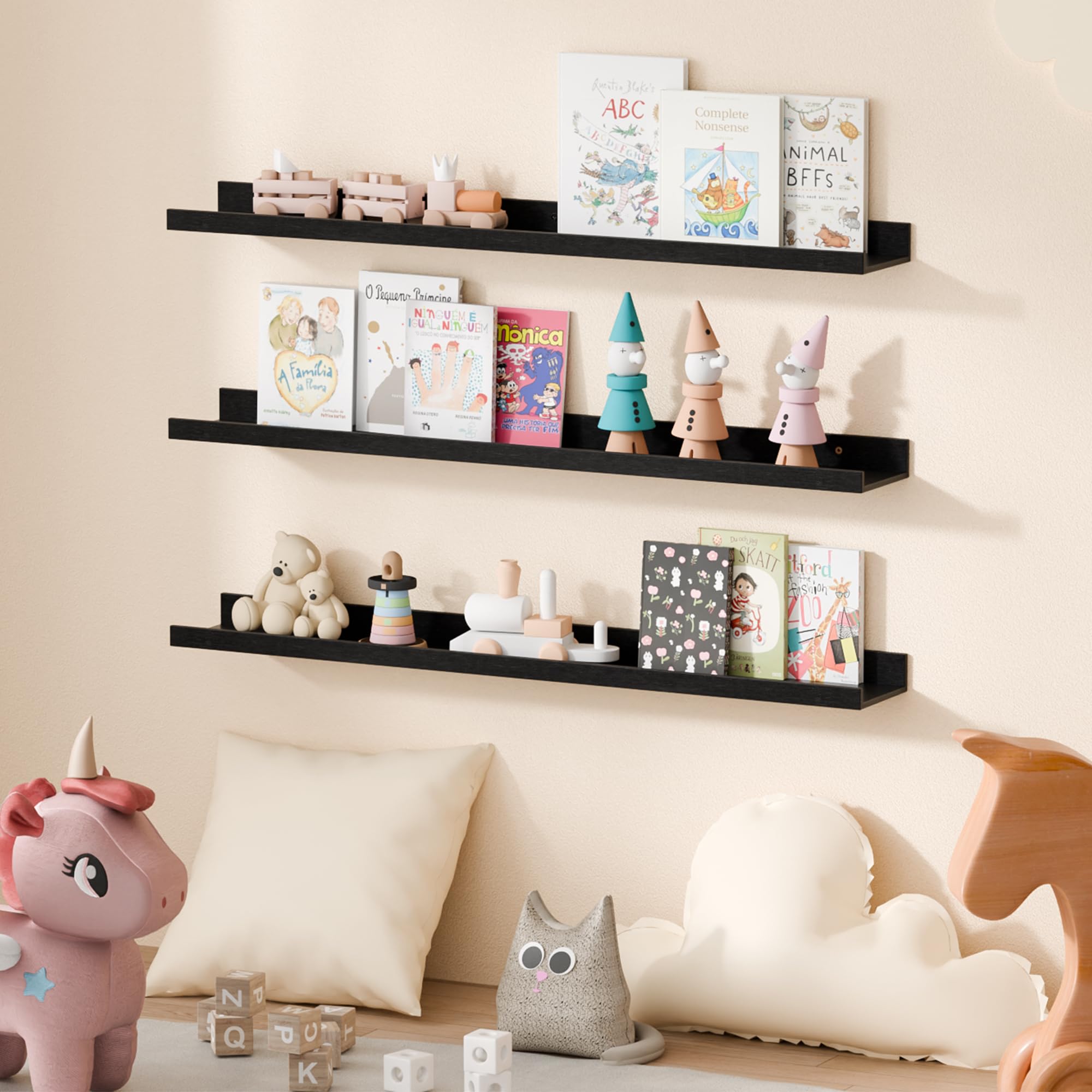 Upsimples black floating shelves create a stylish living room setup.