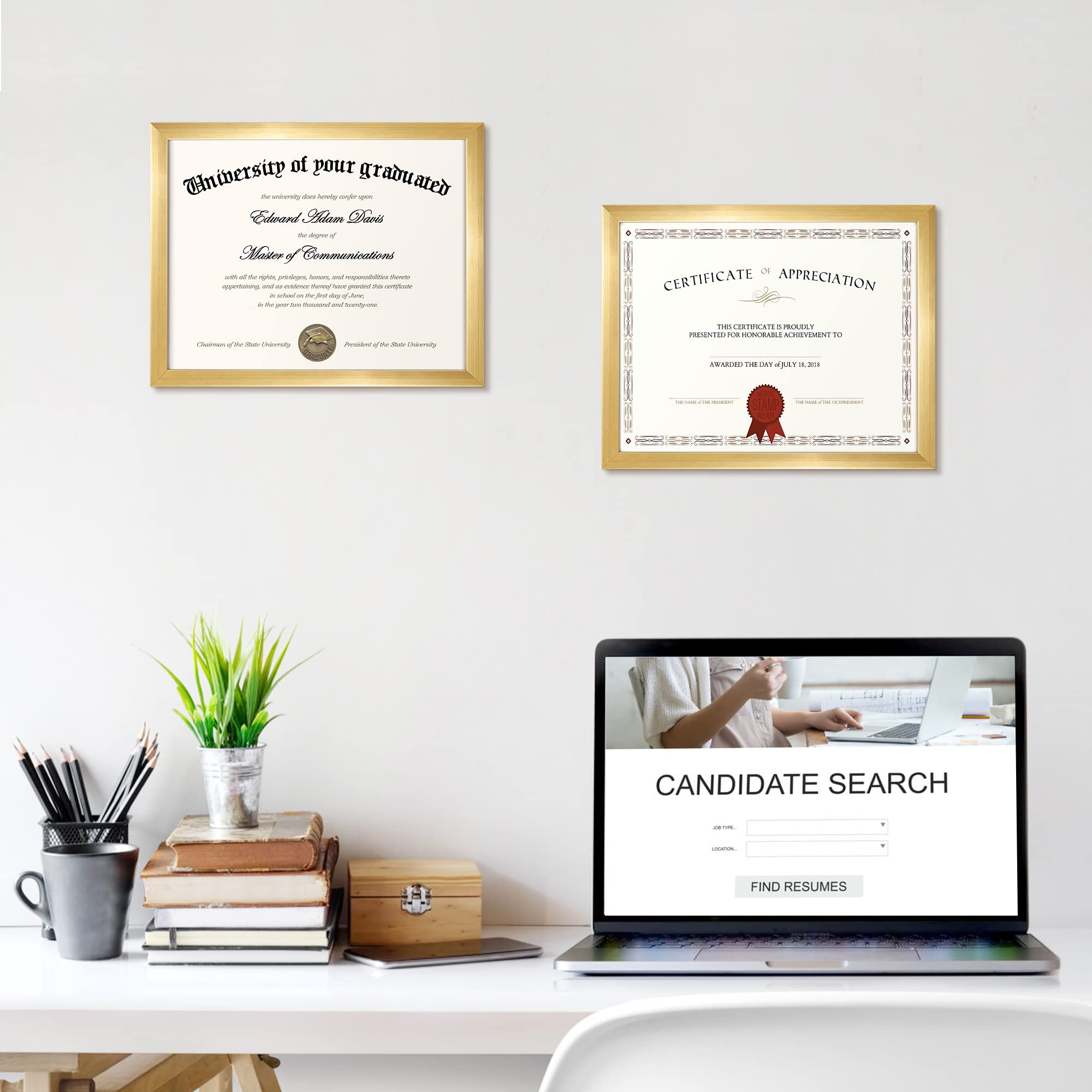 upsimples gold 8.5x11 wall-hanging setup for diplomas