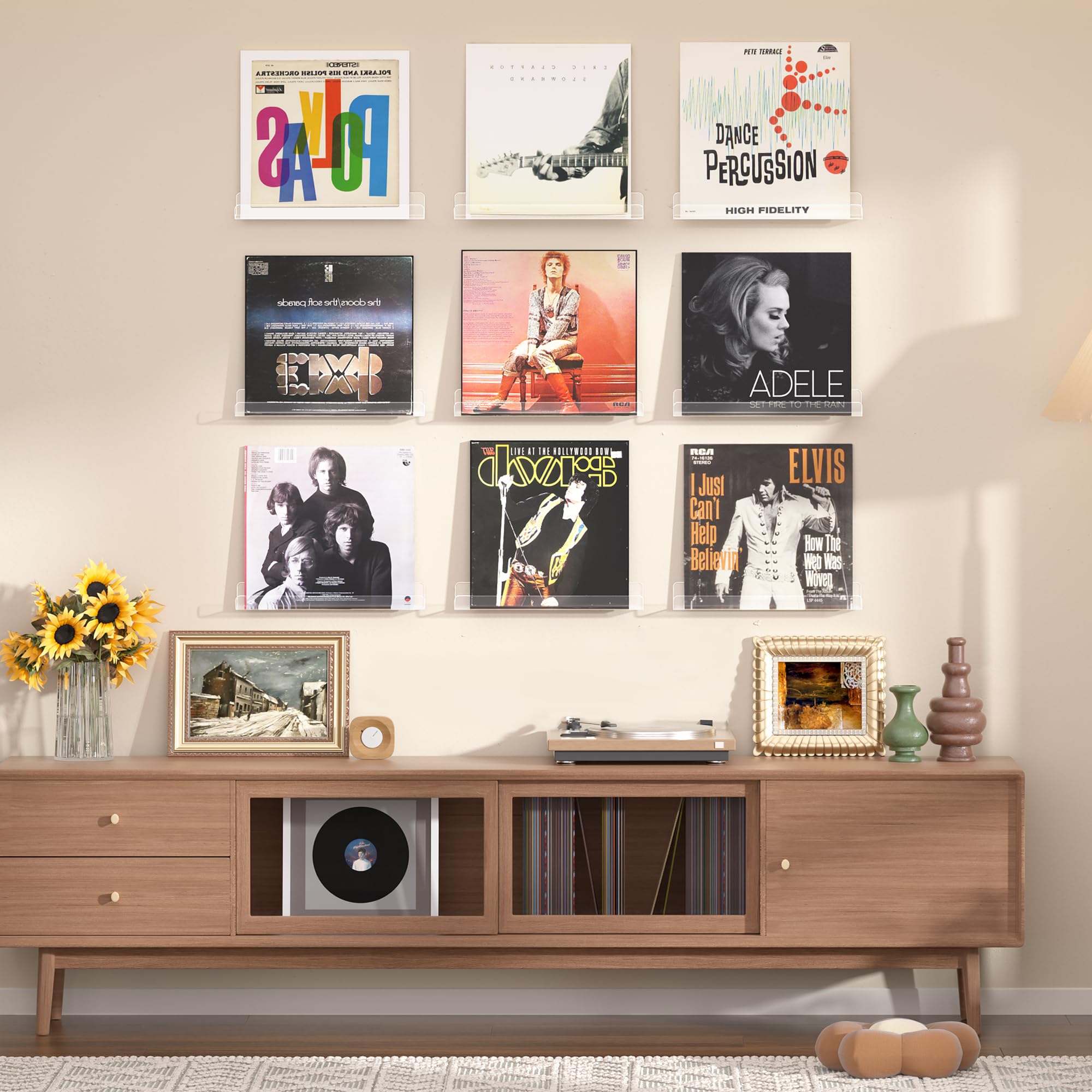 Upsimples clear acrylic floating shelf showcasing an album cover with modern decor.