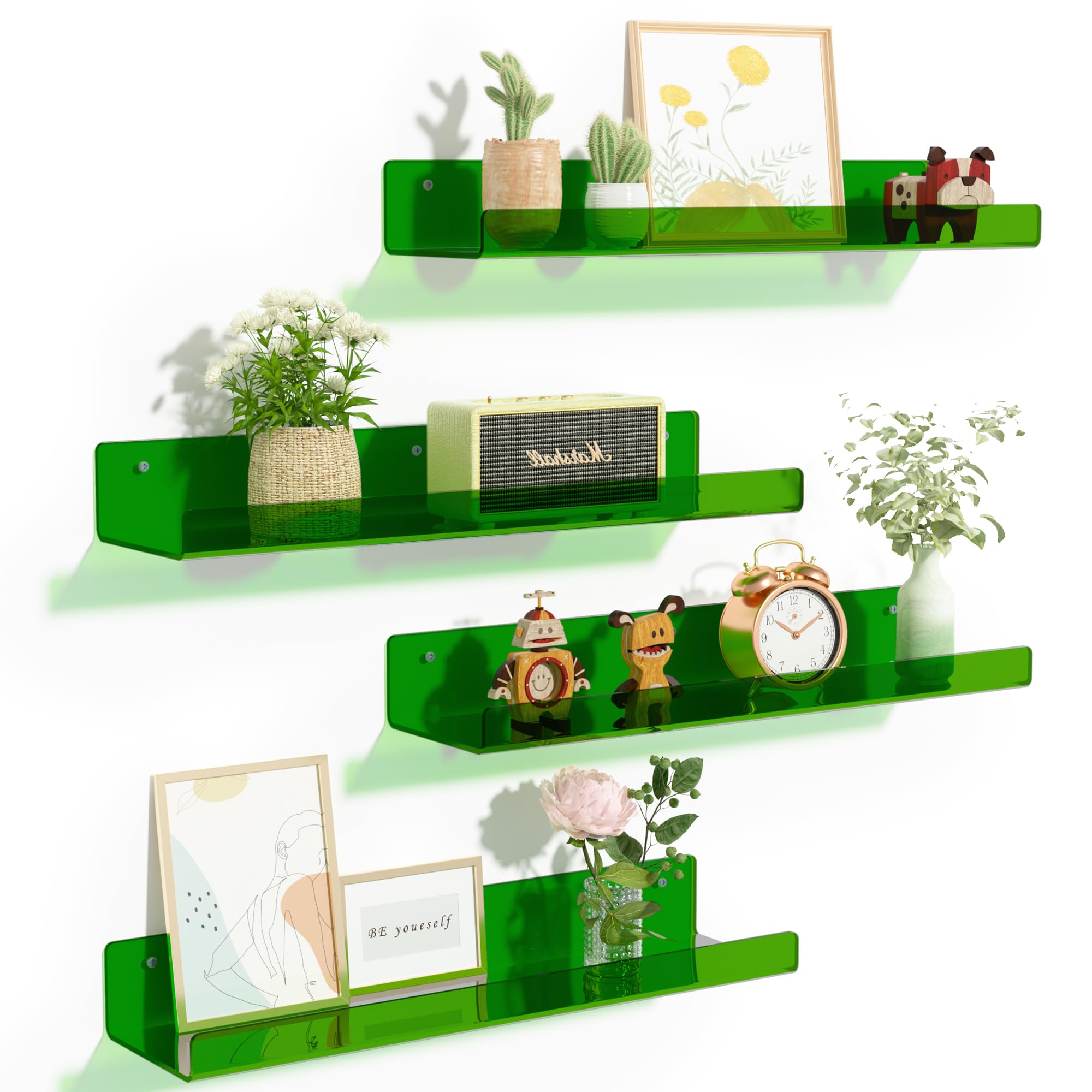 upsimples clear green wall shelves, front view for space saving and display.