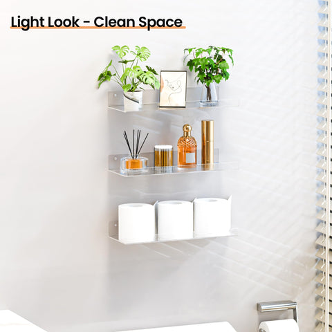 upsimples clear shelves hold towels, keeping the bath tidy