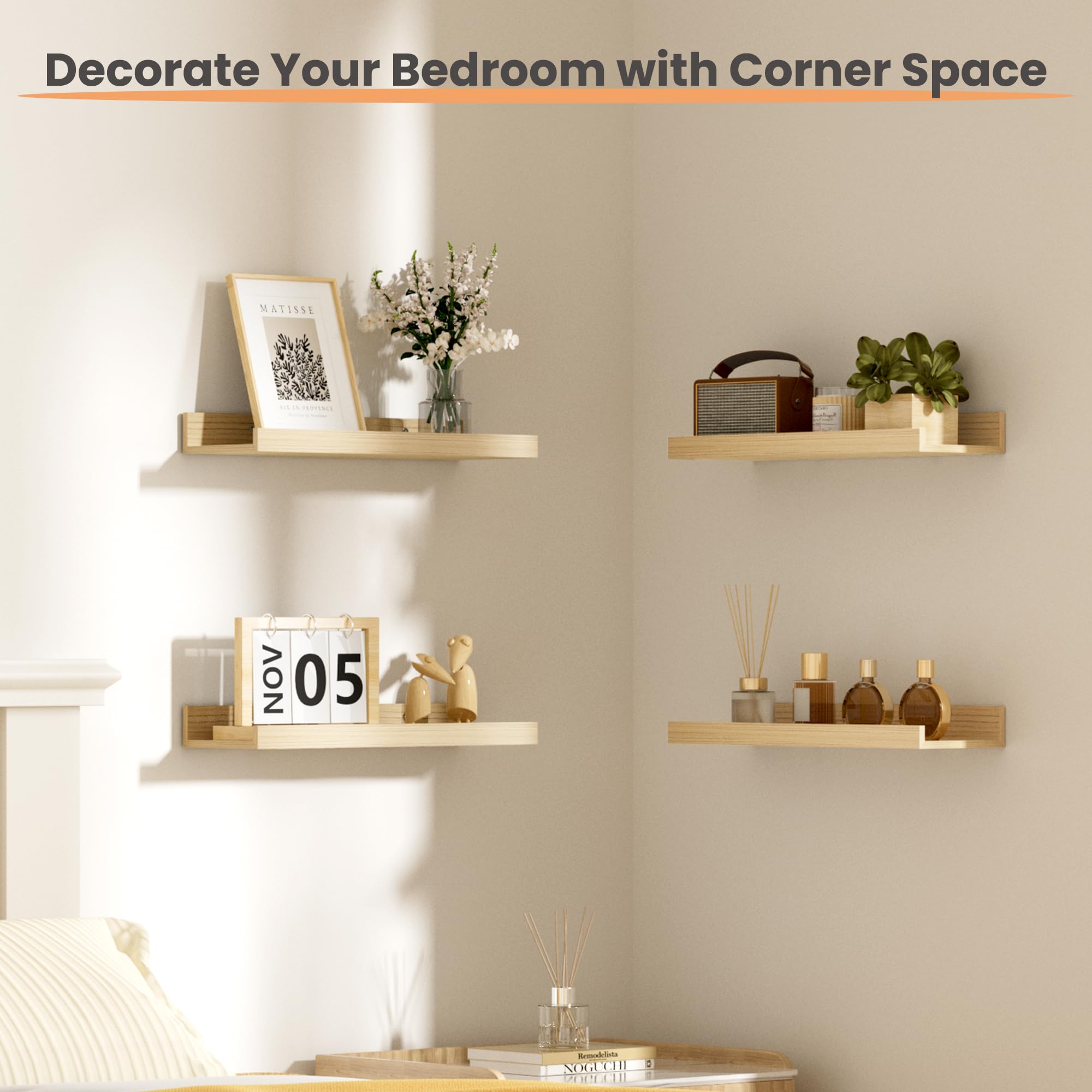 upsimples wall shelves with finely crafted edges hold toiletries and decor