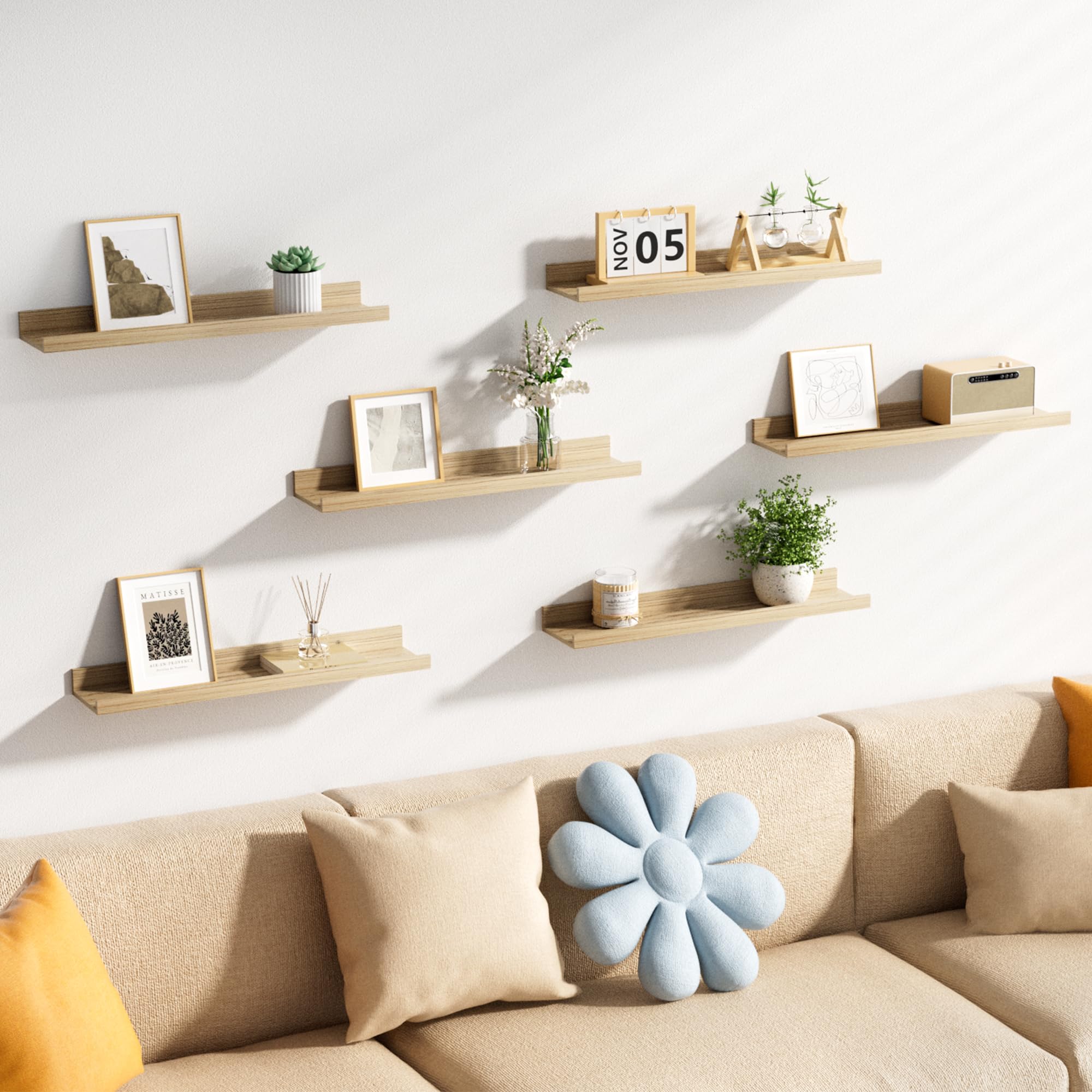 Upsimples long 47-inch display formed from six shelves for a continuous ledge.