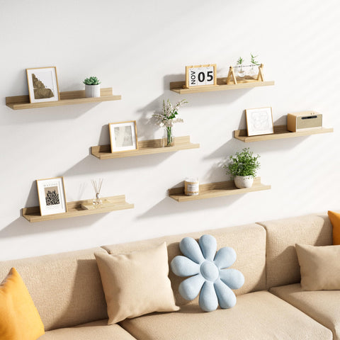 Upsimples long 47-inch display formed from six shelves for a continuous ledge.