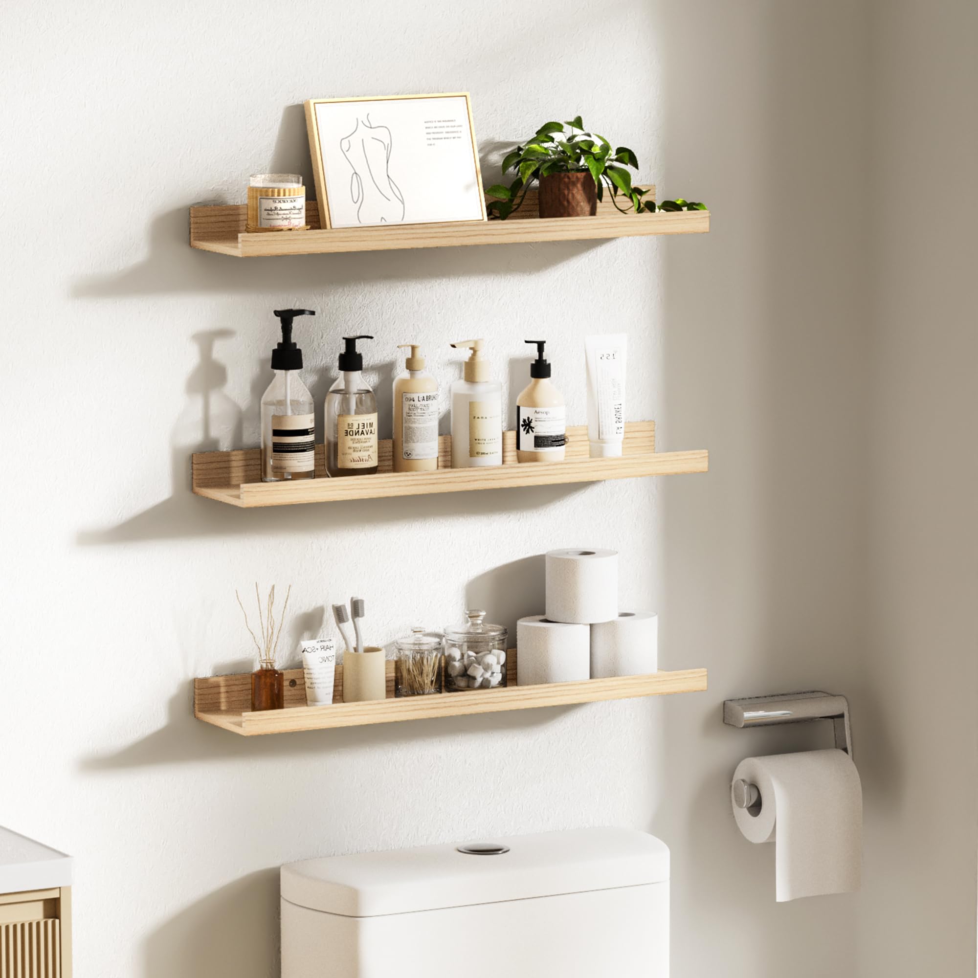 Upsimples bathroom organization with neatly arranged toiletries on shelf.