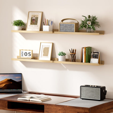 Upsimples bedroom decor using shelves for photos and plants.