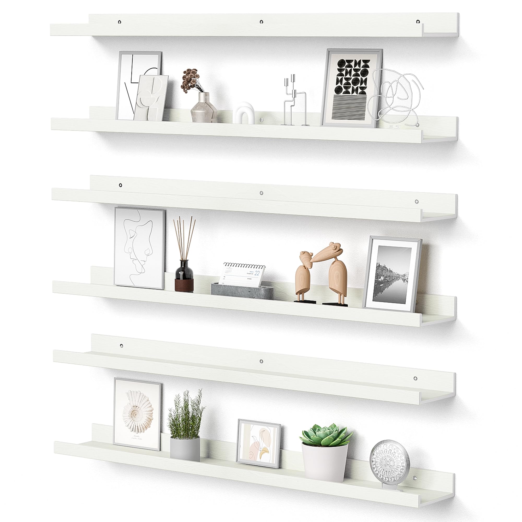 Upsimples floating shelves on a living room wall forming a long, stylish display.