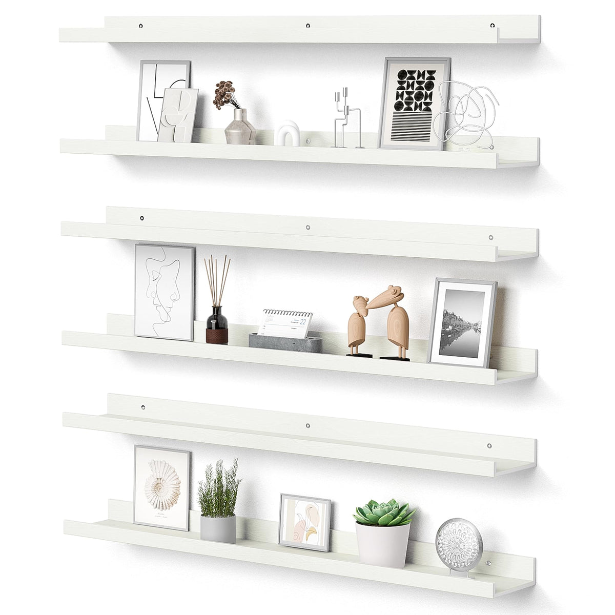 Upsimples floating shelves on a living room wall forming a long, stylish display.