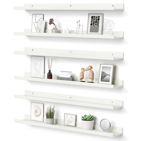 Upsimples floating shelves on a living room wall forming a long, stylish display.