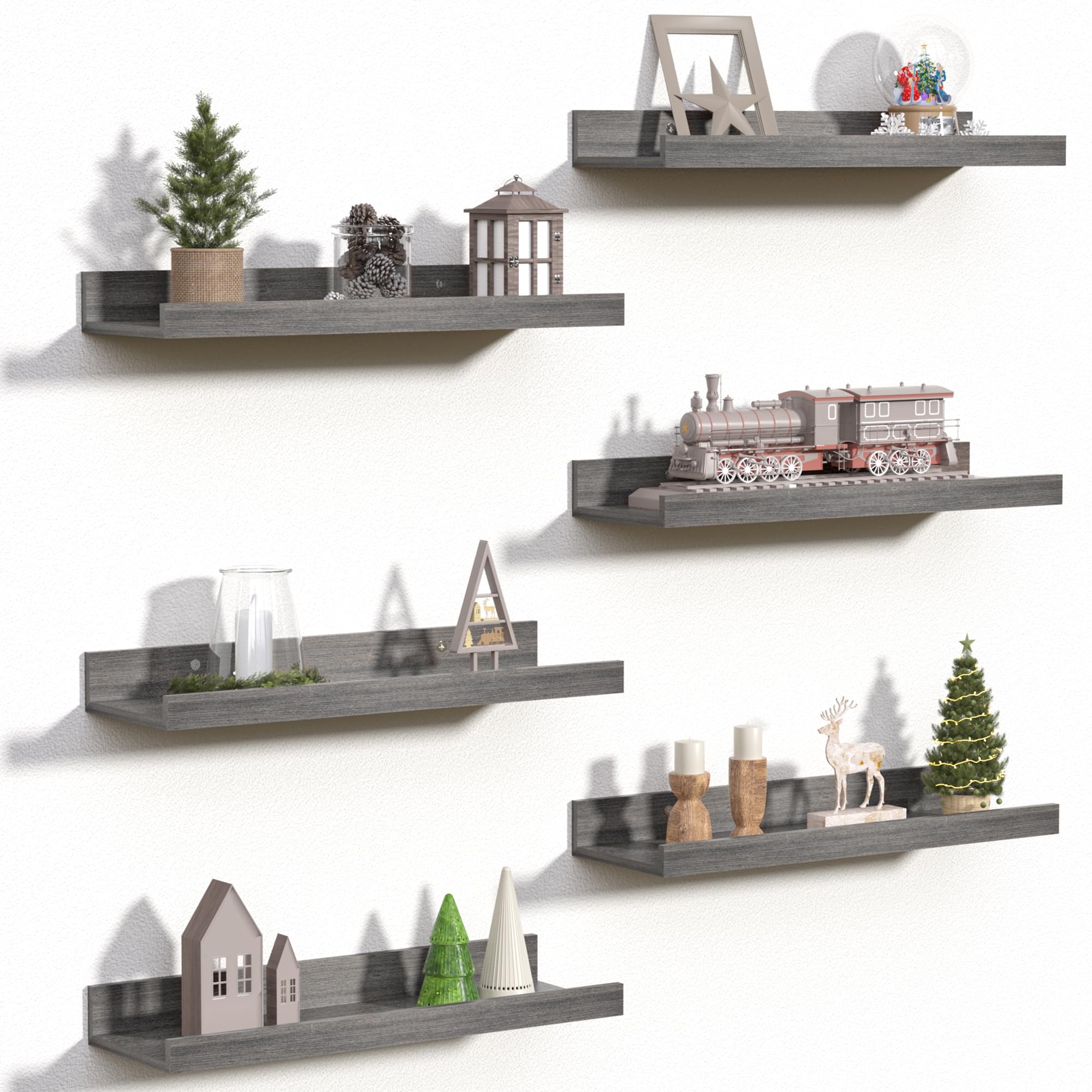 Upsimples 6-pack floating shelves on wall for stylish organization.