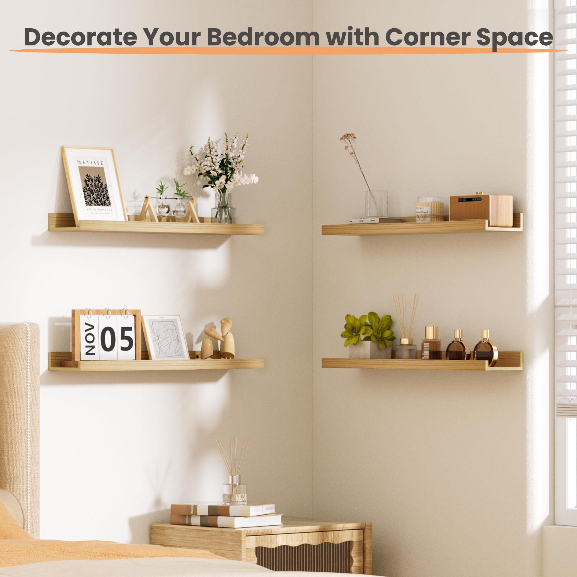 Upsimples wall-mounted shelves with clean edges and visible mounting hardware.